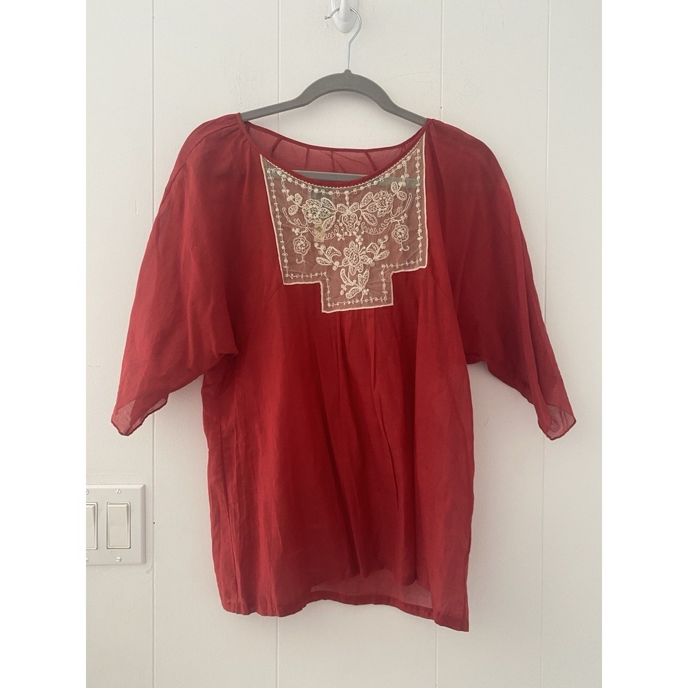 Burning Torch Red Silk Sheer Top Embroidered Lace Yoke Blouse Silk Cotton iSmall